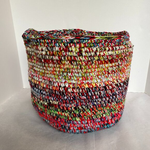 Hand Crochet Multicolor Double Handle Scrap Yarn Storage Basket 12"x13" - Picture 2 of 6